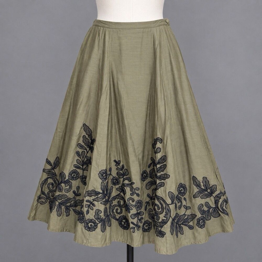 NWT Chico’s Burnt Bloom Rita Midi Skirt Size 3-XL Fudge Olive Green Embroidered